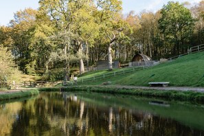 Rauhallinen paikka järven rannalla, jossa on puinen mökki, ruohikkoon peittynyt rinne ja puinen aita.