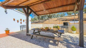 An outdoor patio with a wooden table set for dining, a barbecue grill, and potted plants. - Casa Rural La Dehesilla Cazalla de la Sierra by Ruralidays (Seville)