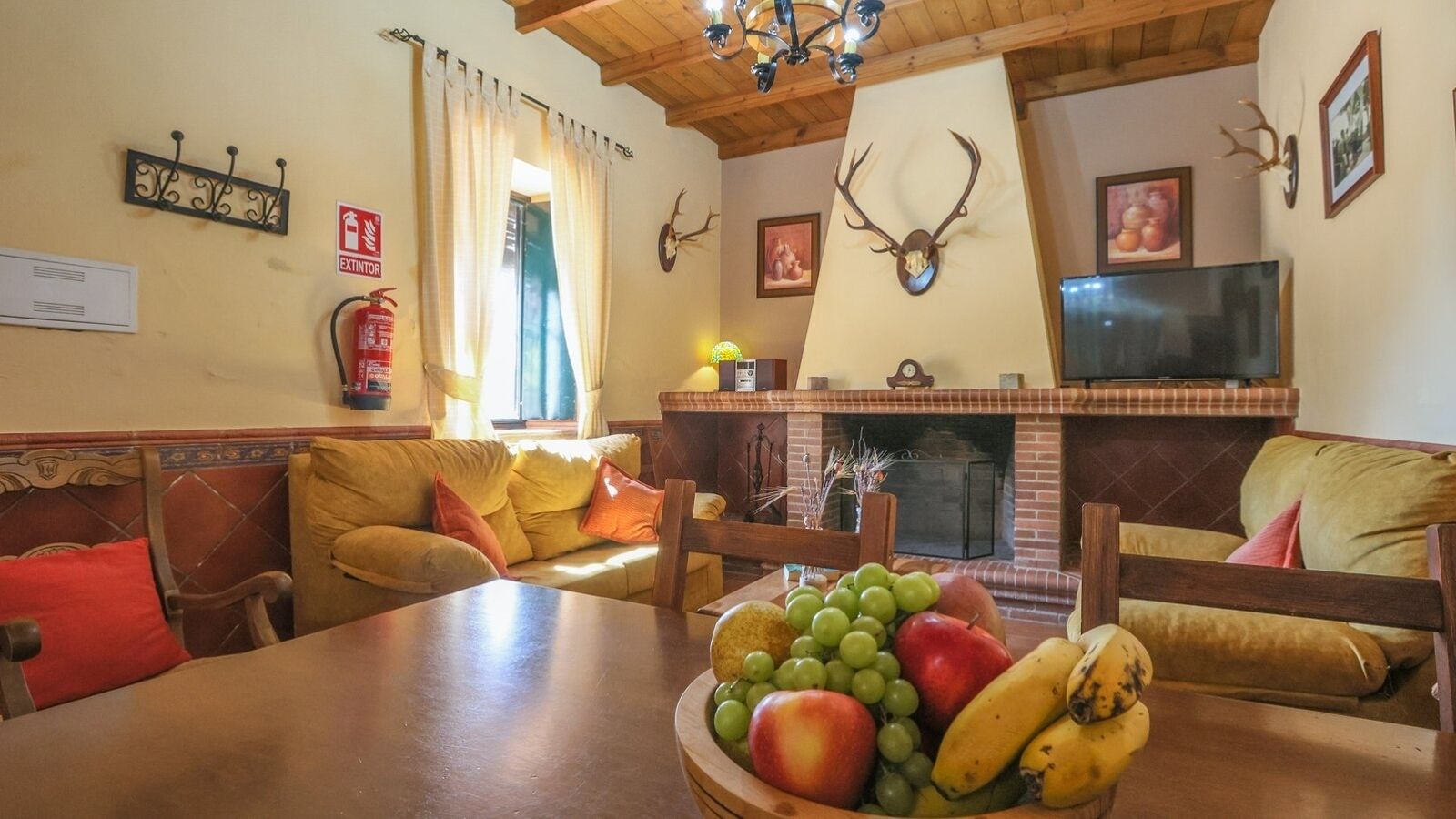 Una televisión, una chimenea