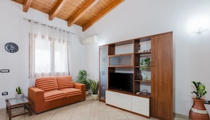 A living room with a sofa, TV, wooden shelving, and potted plants.