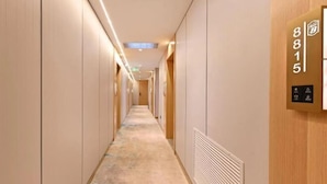Un pasillo de hotel con piso alfombrado, paneles de madera y un ascensor con pantalla digital que muestra el número 8815.