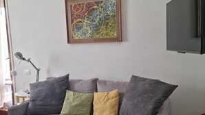 Un sofá gris con varios cojines, un cuadro abstracto enmarcado, un televisor de pantalla plana y un extintor.