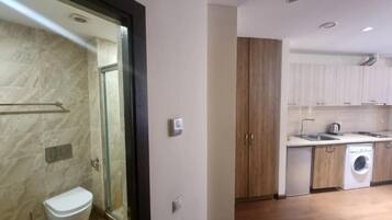 Hair dryer, towels, soap, toilet paper