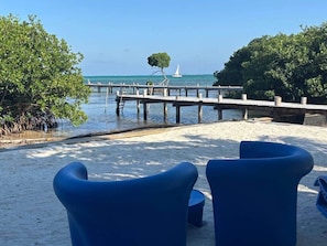 On the beach, sun loungers, beach towels