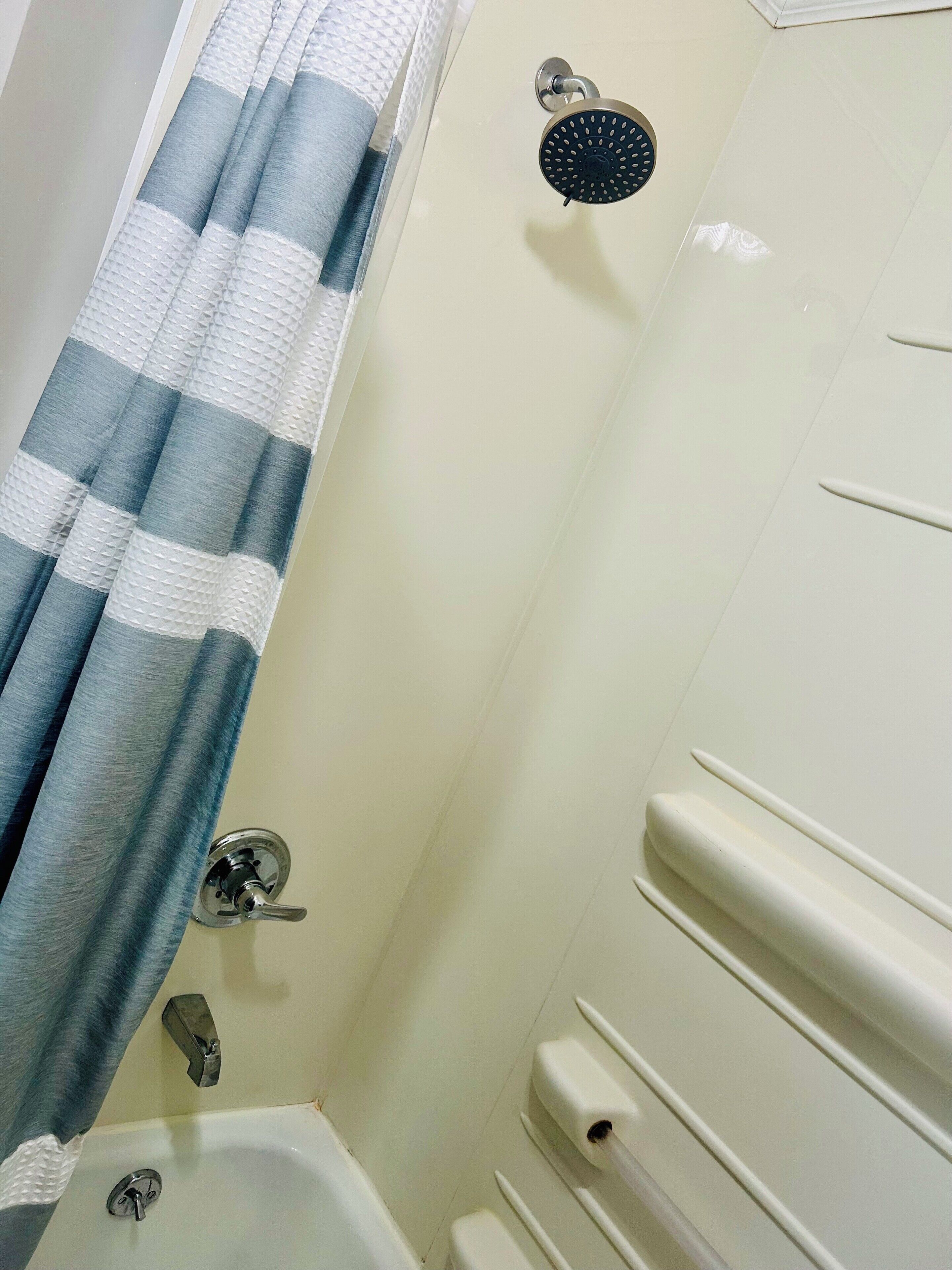Hair dryer, towels, soap, shampoo