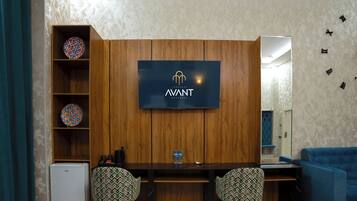 In-room safe, desk, laptop workspace, soundproofing