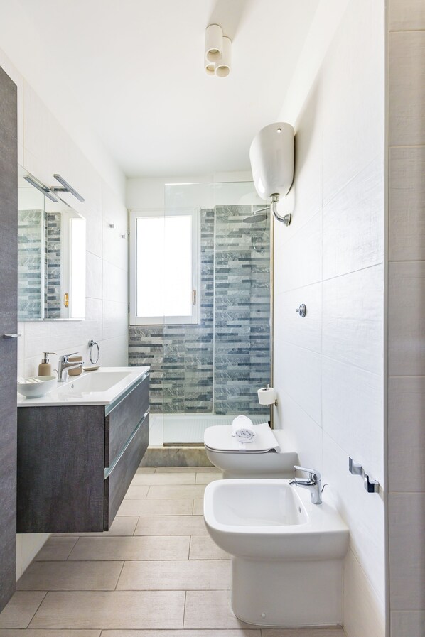 A modern bathroom with a large sink, bidet, and shower.