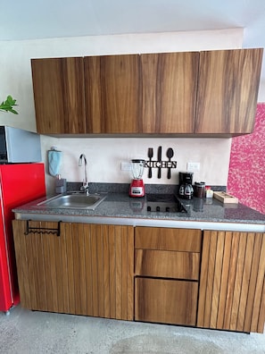 Kühlschrank, Mikrowelle, Herdplatte, Wasserkocher mit Kaffee-/Teezubehör