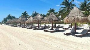Ein Strand mit Liegestühlen und strohgedeckten Sonnenschirmen.