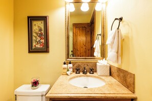 Shower, jetted tub, hair dryer, towels