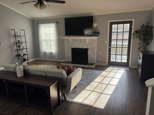 Smart TV, fireplace, books
