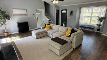 Smart TV, fireplace, books