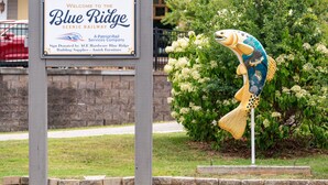 A welcome sign for the Blue Ridge Scenic Railway, a Patriot Rail Services Company, with a decorative fish sculpture in the foreground. - *Caboose*Downtown Blue Ridge|Southern Charm Suites (Blue Ridge)