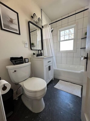 Hair dryer, towels, soap, shampoo
