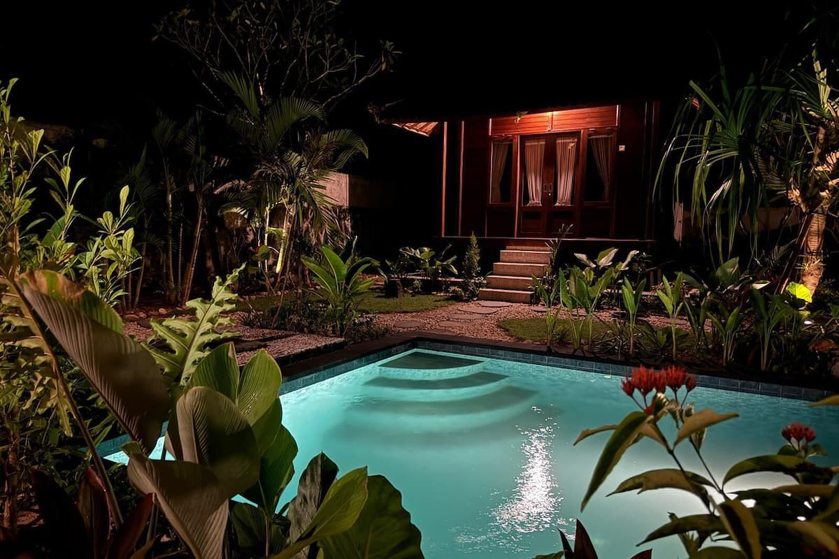 Vista nocturna de una piscina rodeada de exuberante vegetación tropical, con un edificio de madera al fondo.