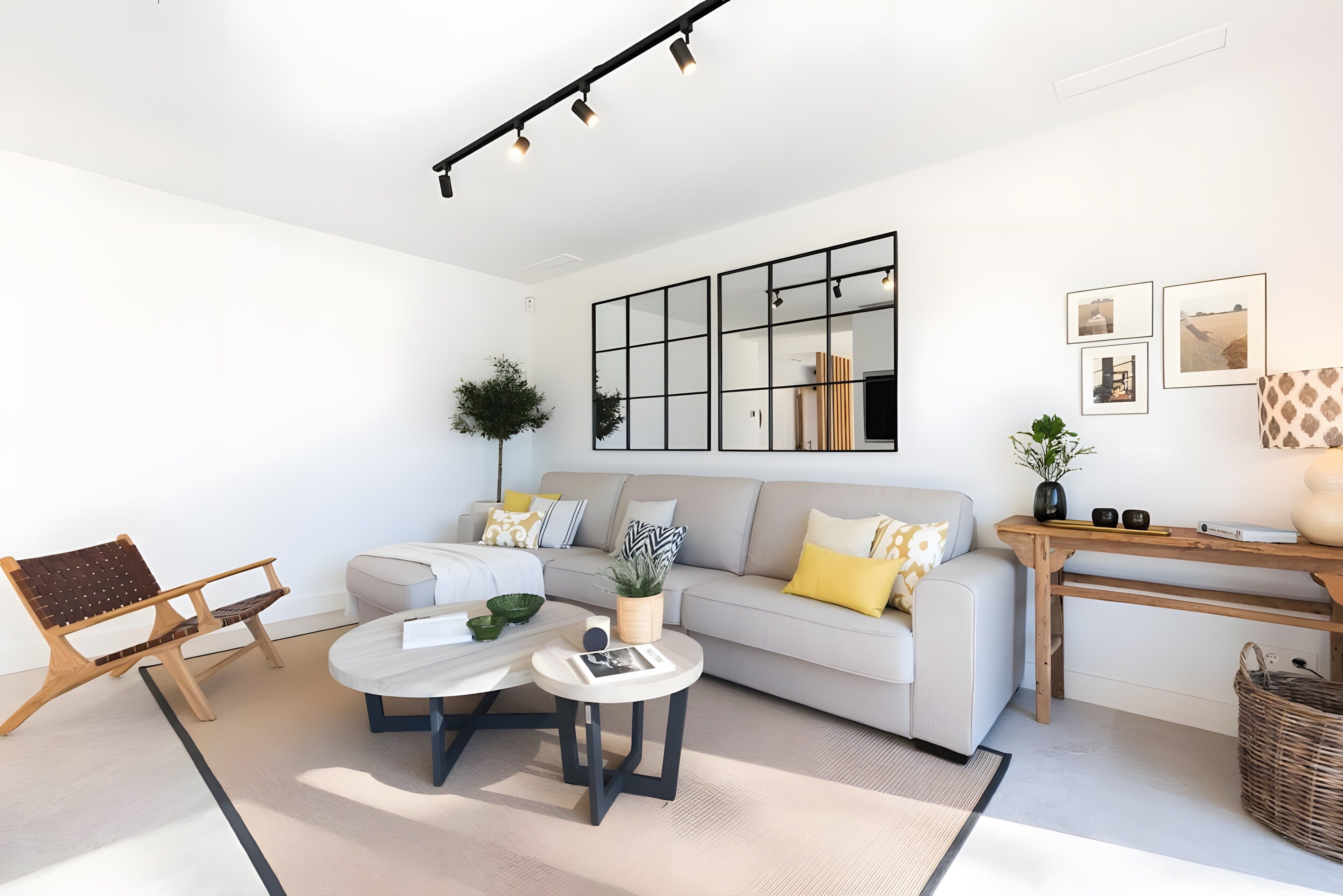 Un salon moderne avec un canapé, deux tables basses, une chaise en bois, une plante et des tableaux encadrés accrochés au mur.