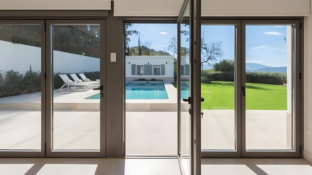 A modern house with a pool, sliding glass doors, and a view of a green lawn.