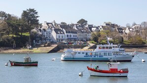 Un puerto con barcos, un ferry grande blanco y azul, y casas a lo largo de la costa.