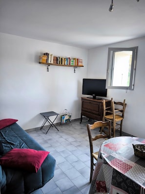 En stue med sofa, fjernsyn, bogreol, spisebord og et vindue.