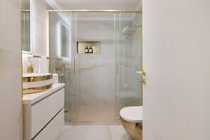 Douche, séchoir à cheveux, serviettes fournies