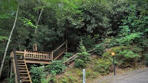 Eine Holztreppe führt zu einer Plattform in einem bewaldeten Gebiet, in der Nähe steht ein Wegweiser.