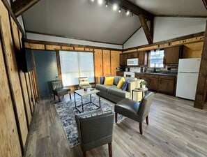 Smart TV, fireplace, books