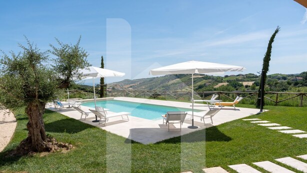 A swimming pool with lounge chairs and umbrellas, surrounded by a grassy area and stone steps.