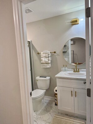 Shower, hair dryer, towels, soap