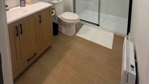 A modern bathroom with a glass shower enclosure, a toilet, a sink with a mirror, and wooden cabinets. - M2 - Family room # 2 (lower level) (Dalhousie)
