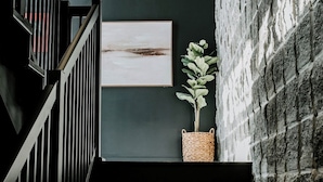 A staircase with a dark railing, a wall-mounted picture, and a potted plant. - M2 - Spacious King Room # 3 (Dalhousie)