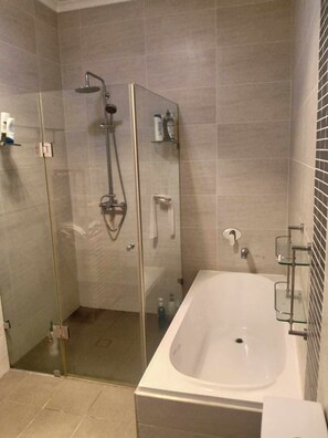 Secadora de cabello, toallas, papel de baño