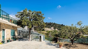 A stone-paved courtyard with a glass conservatory, a tree, and a view of a hillside with buildings. - Casa Cycas by Interhome (Ospedaletti)