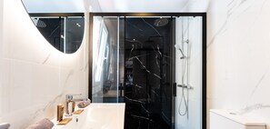 Shower, hair dryer, towels