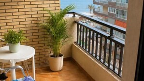 A balcony with a potted plant, a small table, and a chair. - Wonderful apartment at Ronda IV Fuengirola (Fuengirola)