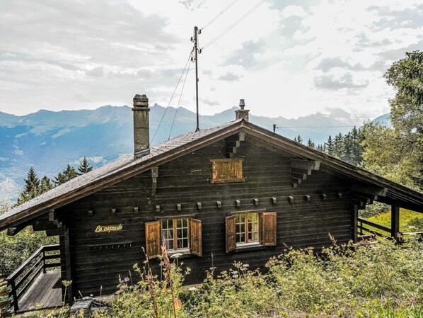 A rustic wooden cabin with a steep roof, a chimney, and a small porch. - La Capsule by Interhome (Thyon-Les Collons)