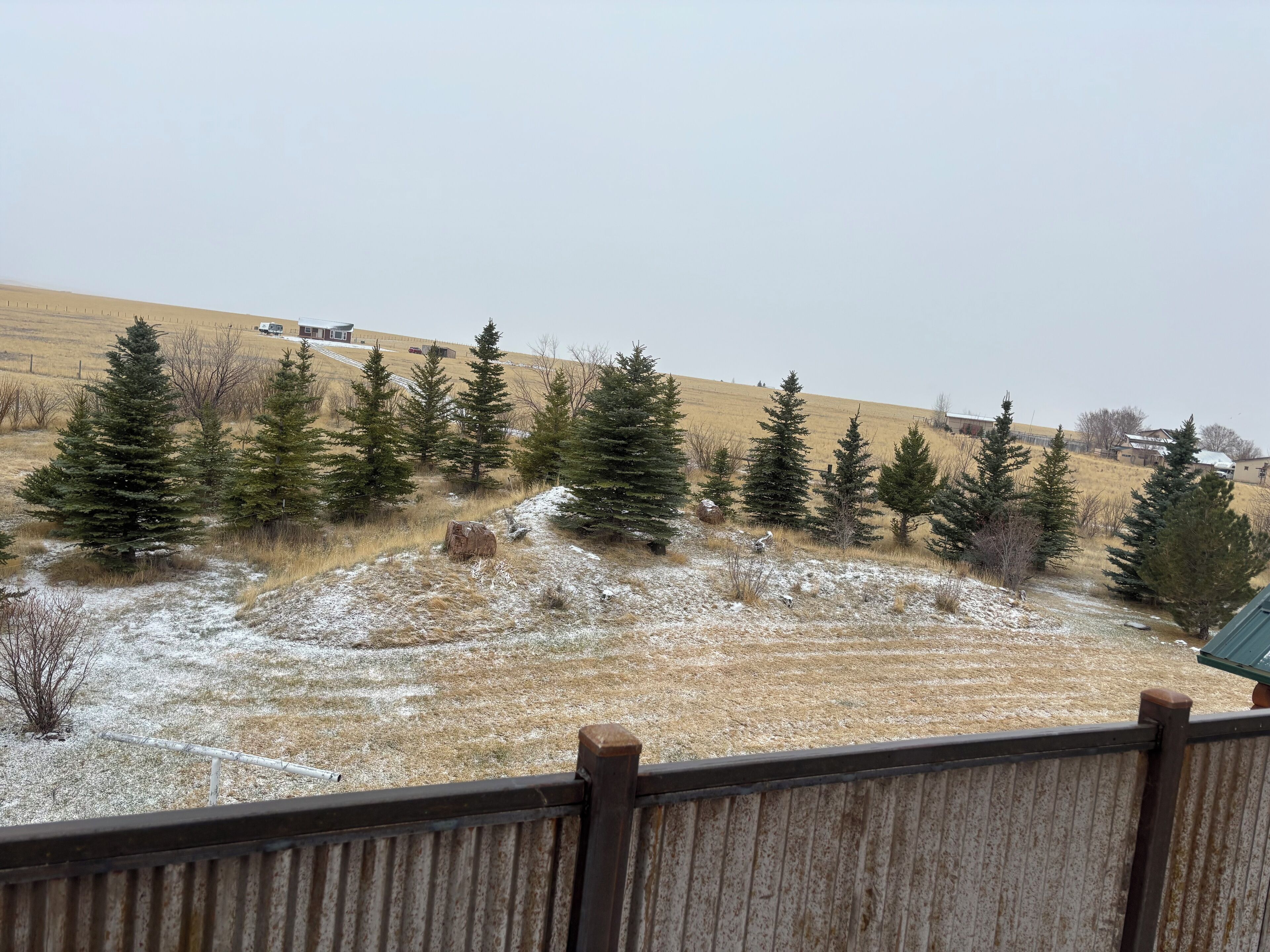 A view from a balcony overlooking a snowy landscape with sparse trees and distant buildings.