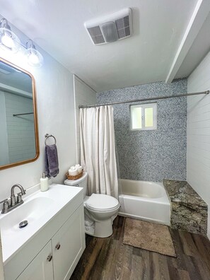 Hair dryer, towels, soap, shampoo