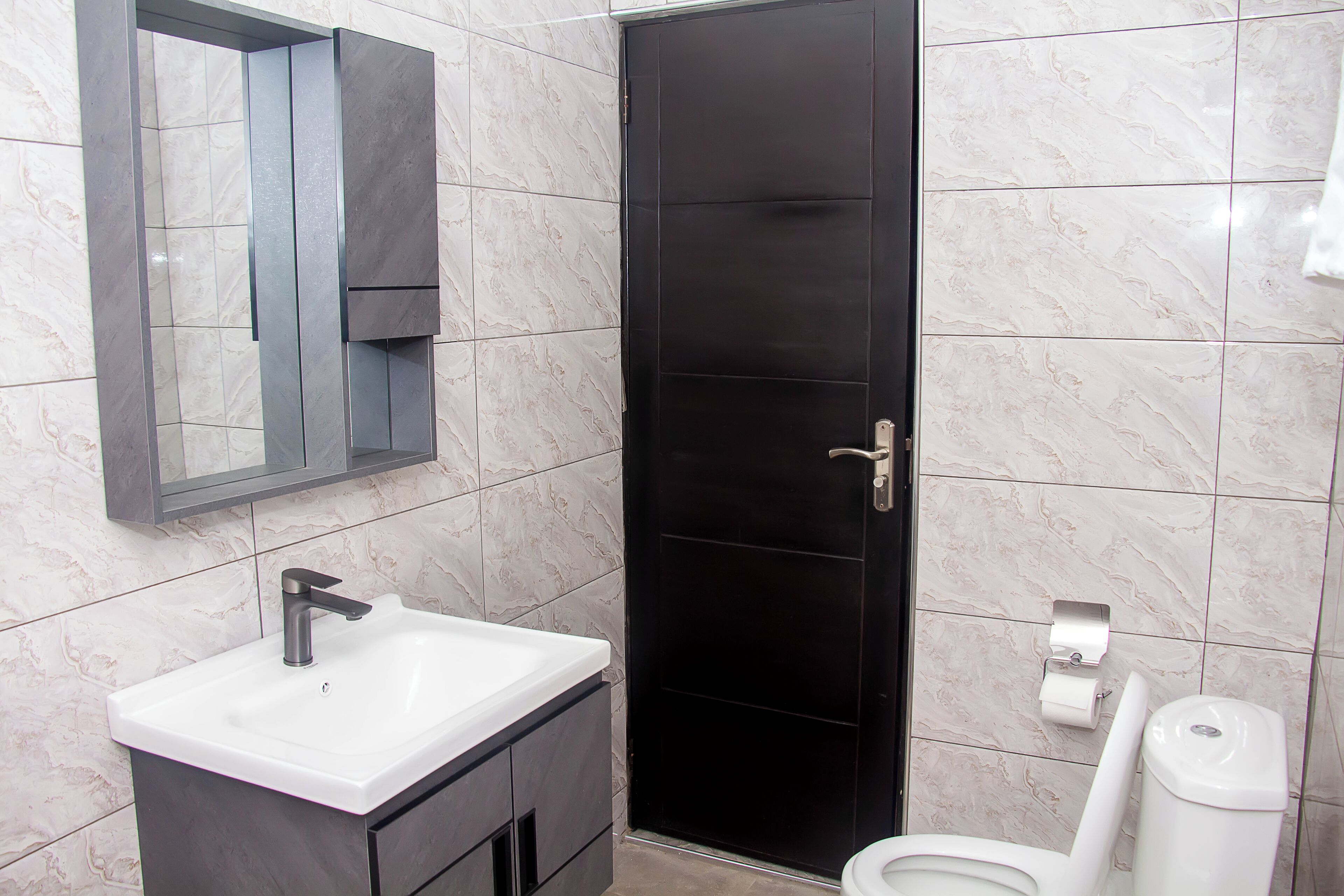 A bathroom with a white sink, a mirror, a black door, and a toilet.