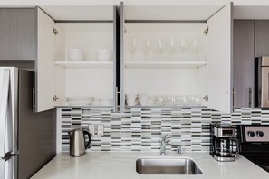 Fridge, microwave, oven, dishwasher