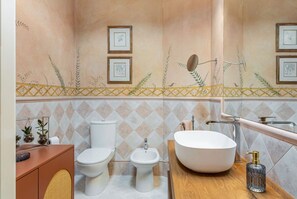 Shower, hair dryer, bidet, towels