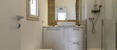 Shower, hair dryer, bidet, towels