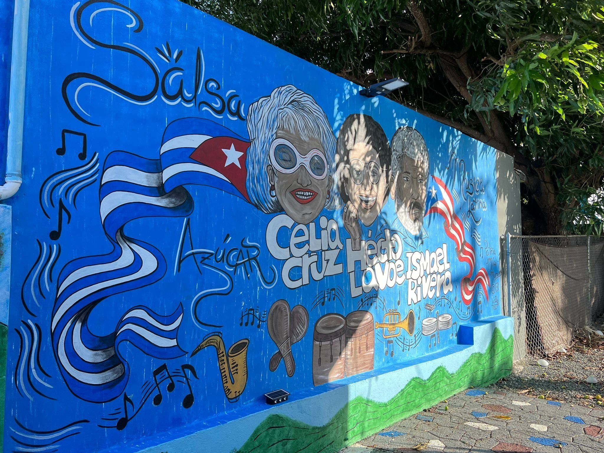 A mural with musical instruments and text, including "Salsa" and "Celia Cruz".