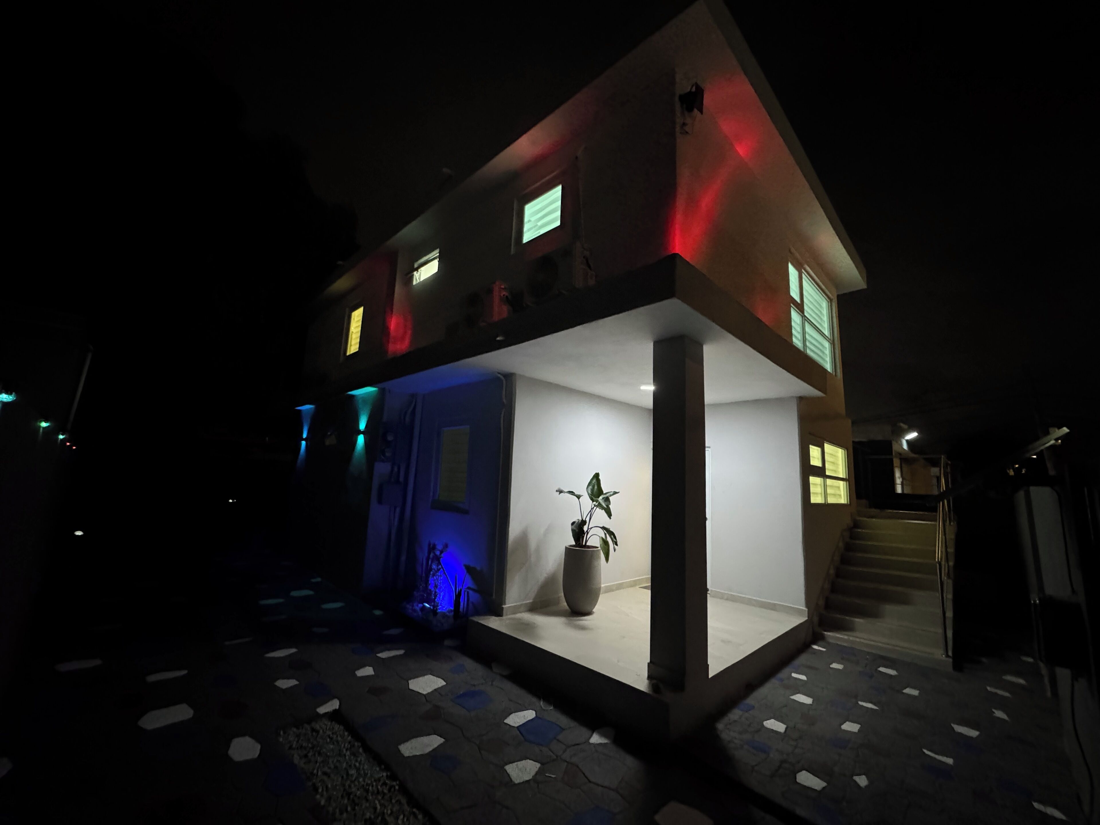 A modern house with a flat roof, a large potted plant in the center, and a staircase leading to the upper floor.