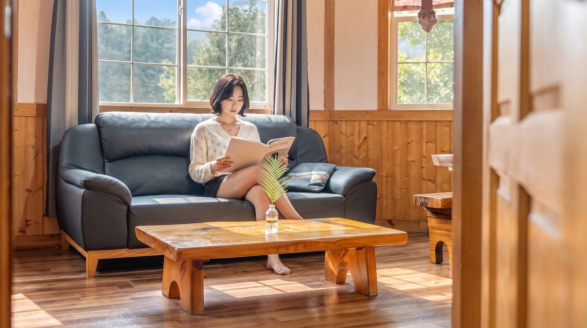 A person sitting on a dark leather sofa in a room with wooden walls and floors, reading a book titled 'KINELIK'.