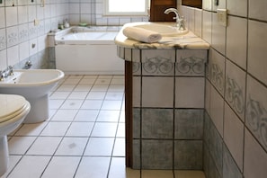 A bathroom with a sink, a toilet, and a bidet.