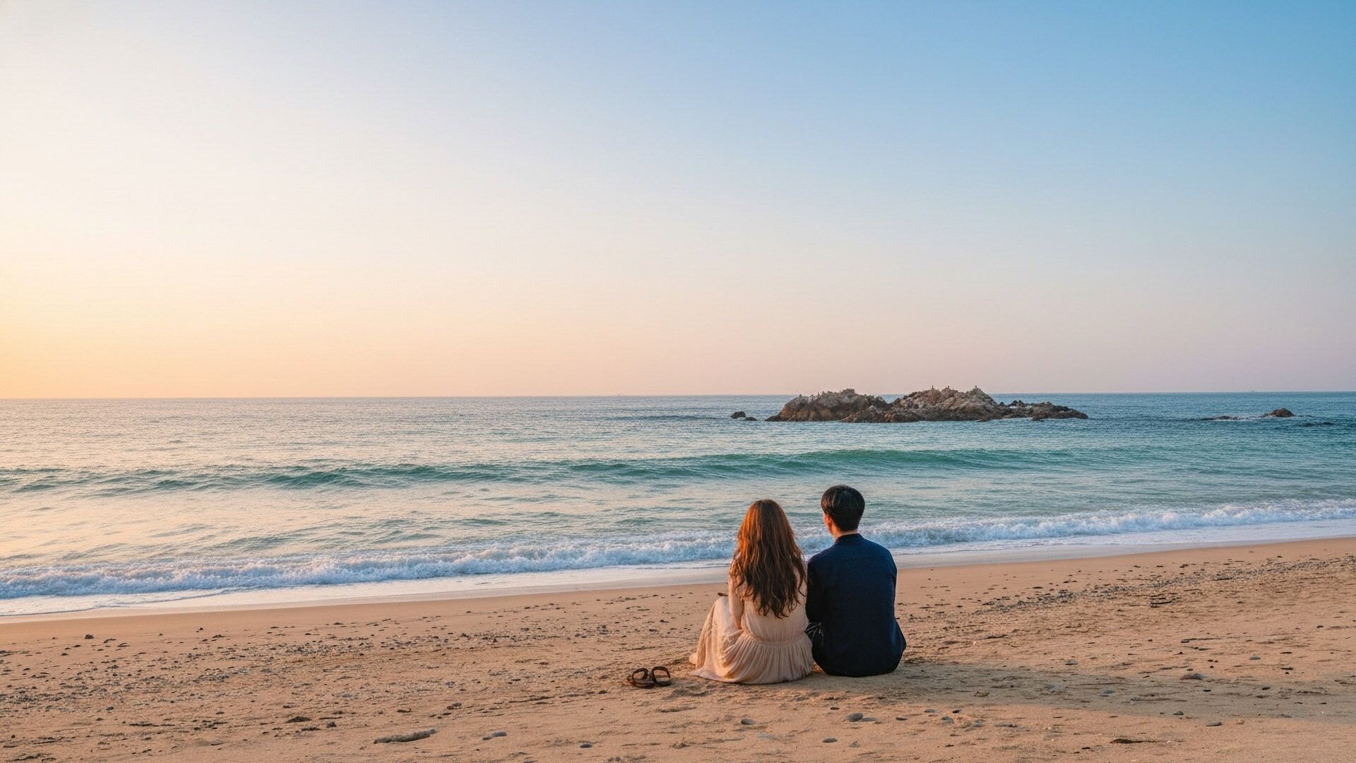 A couple sitting on a beach facing the ocean with a rocky outcrop in the distance.