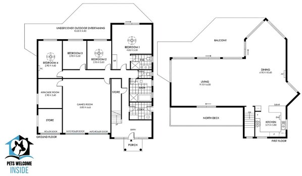 A floor plan of a pet-friendly accommodation with multiple bedrooms, a games room, and a balcony.