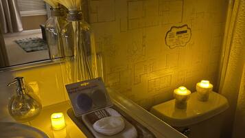 Hair dryer, towels, soap, toilet paper