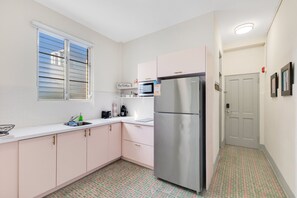 Fridge, microwave, coffee/tea maker, toaster