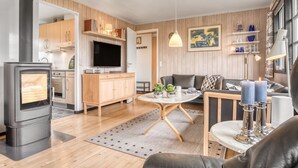 Een moderne woonkamer met een open haard, een televisie en een bank.